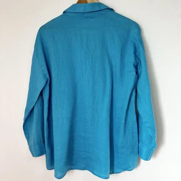 Magaschoni Turquoise Blue Button Up Shirt 100% Linen Boxy Women’s XS - Picture 4 of 9